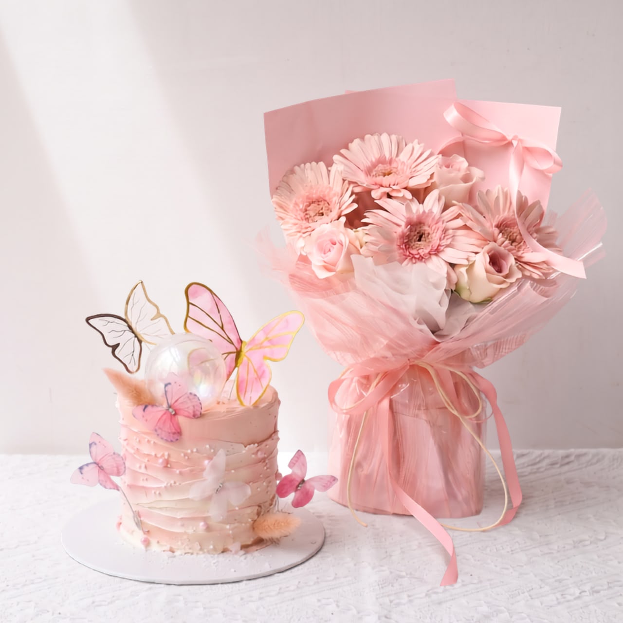 Elyza Blush Set | Pink Butterfly Cake & Flower Bouquet