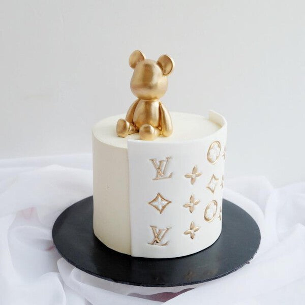 Gold Monogram Bear Cake | Designer Bear Birthday Cake