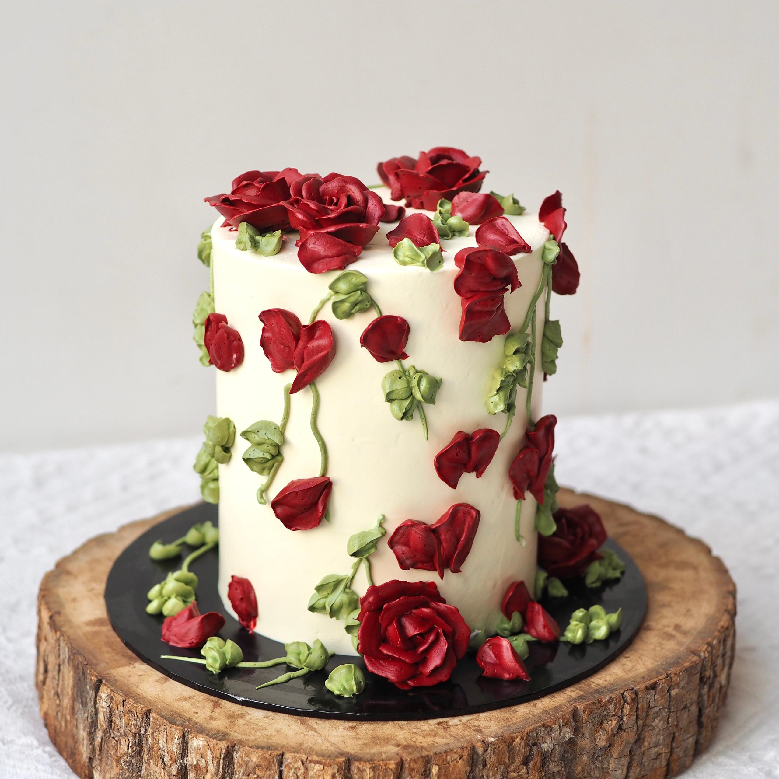 Crimson Rose Cake | Red Floral Piping Cake