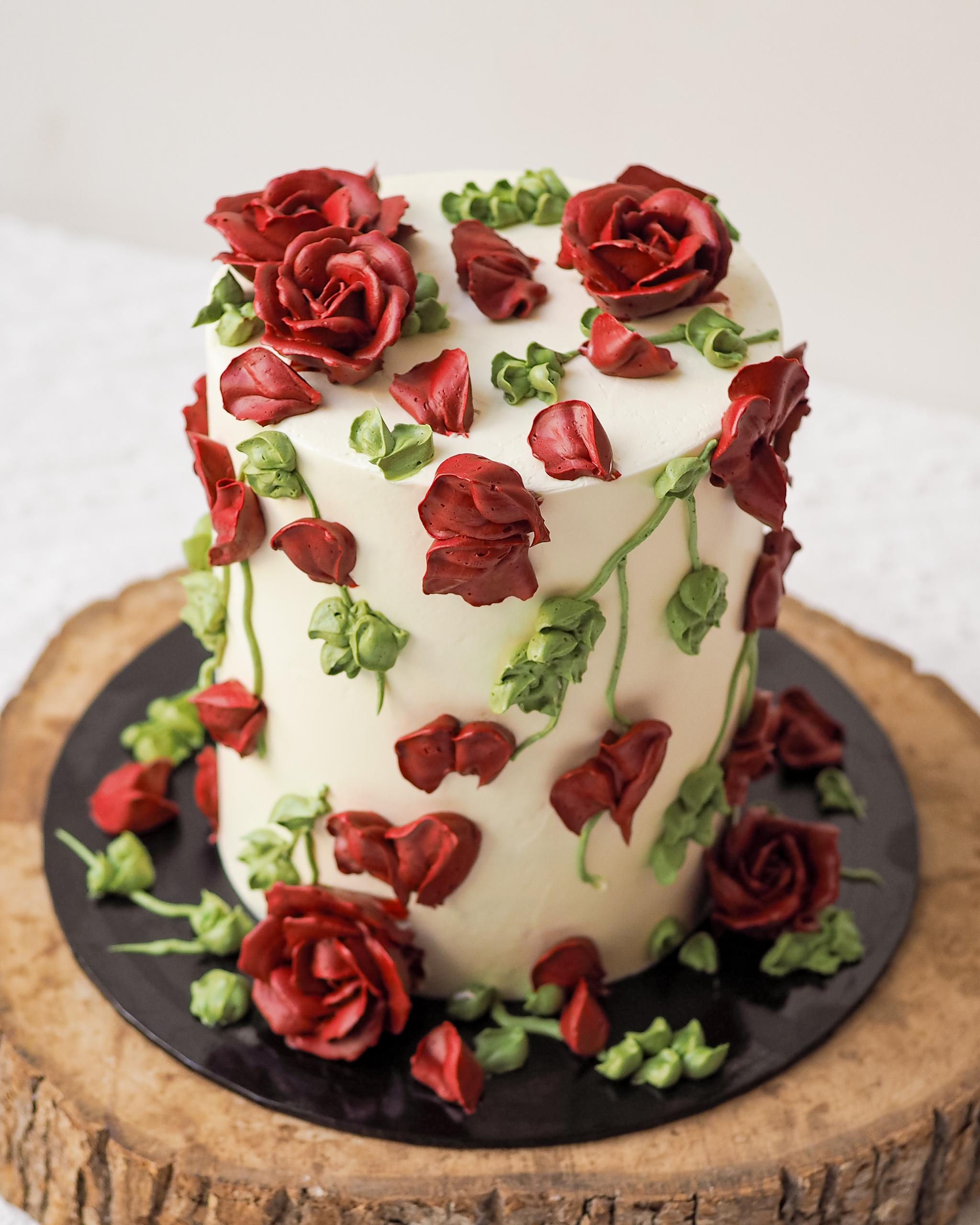 Crimson Rose Cake | Red Floral Piping Cake