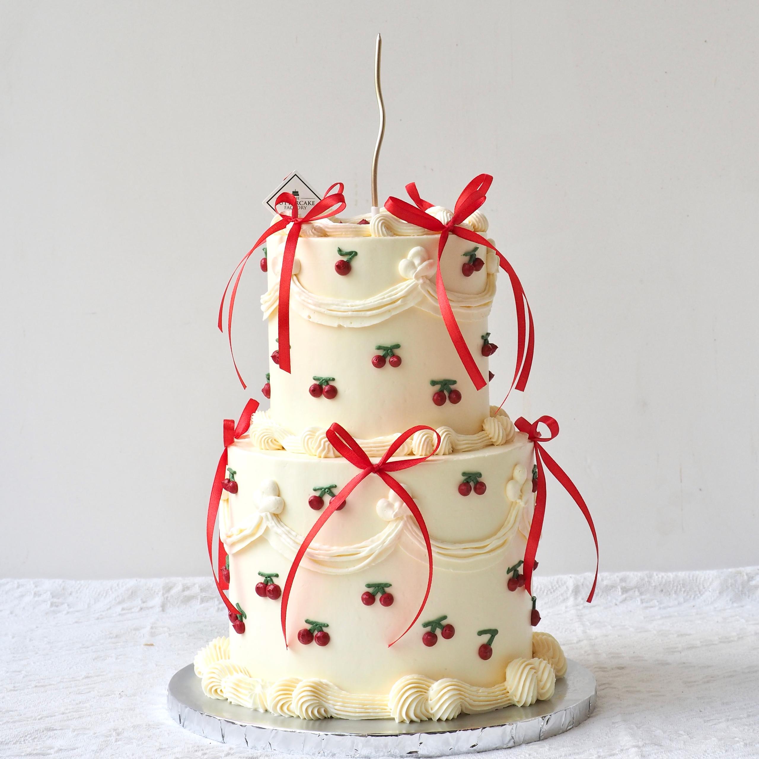 Cherry Ribbon Delight 2 Tier Cake